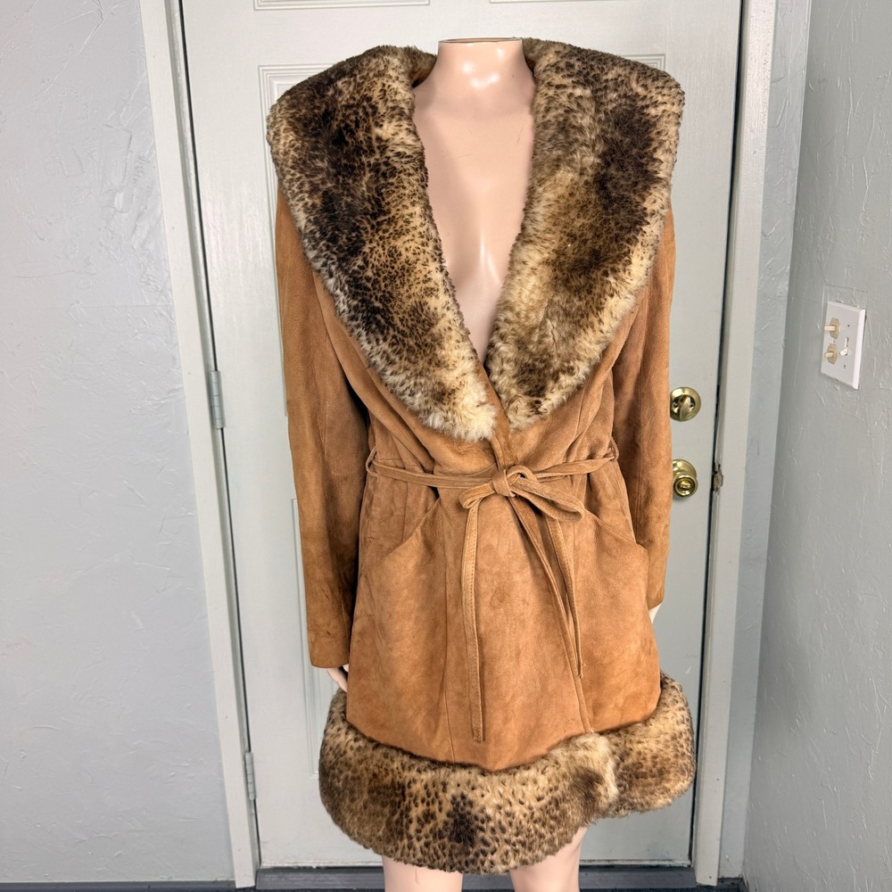 Vintage 70s Scully Penny Lane Jacket 14 Fur Suede Leather Tie Coat Y2K K3-16 - Picture 1 of 10